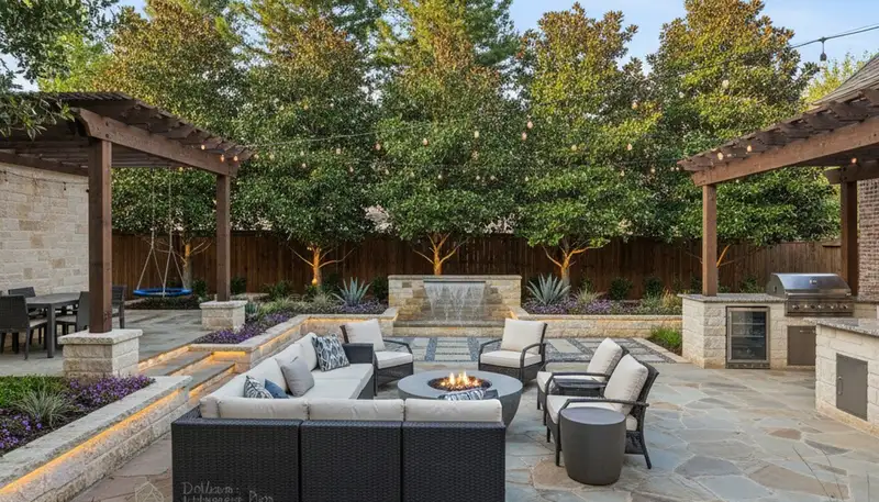 Modern backyard patio with outdoor seating, lighting, and landscaping design in Dallas, TX