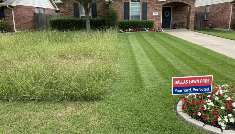 Before and after lawn mowing showing overgrown vs trimmed yard by Dallas TX landscaping professionals