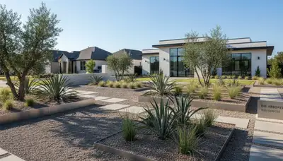 Modern pea gravel landscape with clean lines and geometric design in Dallas, TX by Chop Chop Landscaping