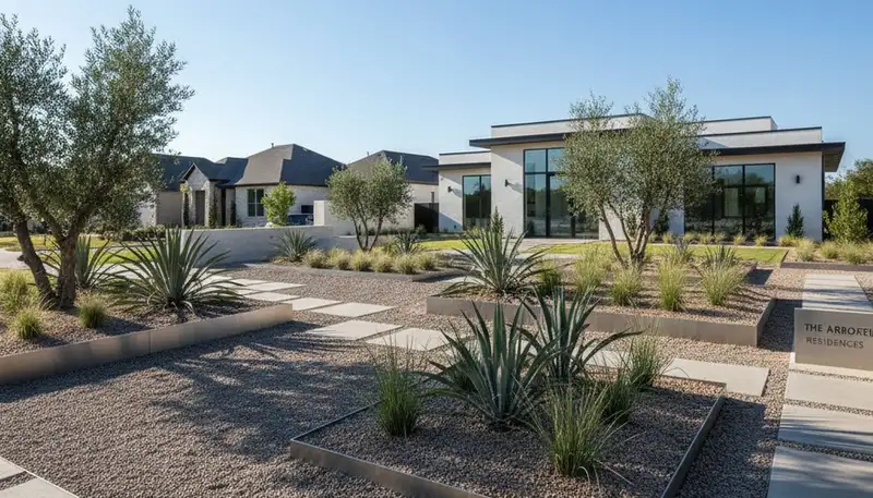 Modern pea gravel landscape with clean lines and geometric design in Dallas, TX by Chop Chop Landscaping