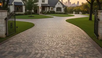 Curved paver driveway design by professional landscapers in Dallas, TX showcasing custom craftsmanship