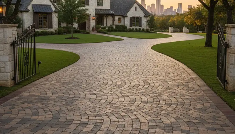 Curved paver driveway design by professional landscapers in Dallas, TX showcasing custom craftsmanship