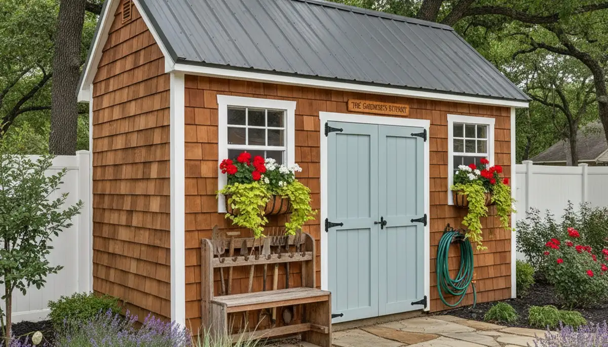 Decorative garden shed with custom landscaping in Dallas, TX by Chop Chop Landscaping