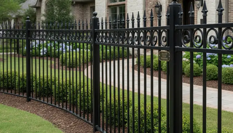 Ornamental black metal fence with decorative design installed by landscaping experts in Dallas, TX