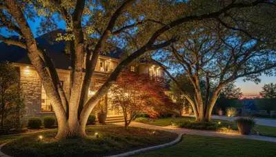 Dramatic tree uplighting design highlighting mature trees at night by Chop Chop Landscaping in Dallas, TX