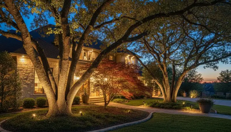 Dramatic tree uplighting design highlighting mature trees at night by Chop Chop Landscaping in Dallas, TX