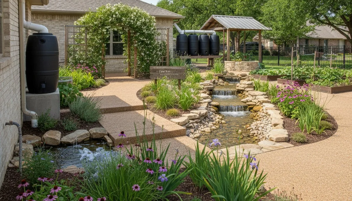 Rain garden with natural filtration and water-saving landscape design in Dallas, TX by Chop Chop Landscaping