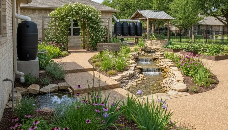 Rain garden with natural filtration and water-saving landscape design in Dallas, TX by Chop Chop Landscaping
