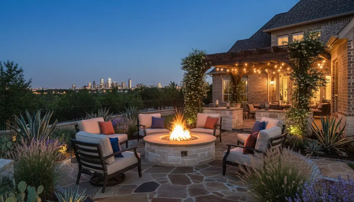 Inviting Dallas TX fire pit patio with seating, native plants, and landscape lighting by local landscapers