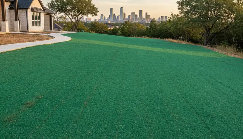 Freshly hydroseeded lawn in Dallas, TX showing even green slurry coverage by professional landscapers