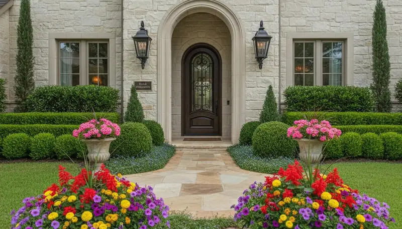 Front yard landscape design with colorful flower beds and shaped shrubs enhancing curb appeal in Dallas, TX