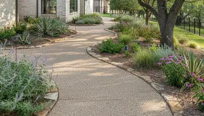 Pea gravel garden path with natural drainage, professionally landscaped in Dallas, TX yard