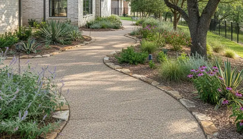 Pea gravel garden path with natural drainage, professionally landscaped in Dallas, TX yard