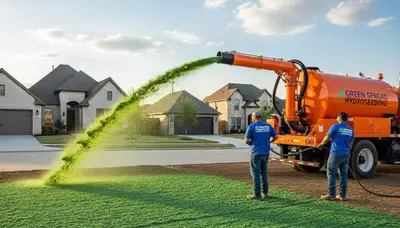 Hydroseeder truck spraying green slurry for new lawn installation in Dallas, TX landscaping project