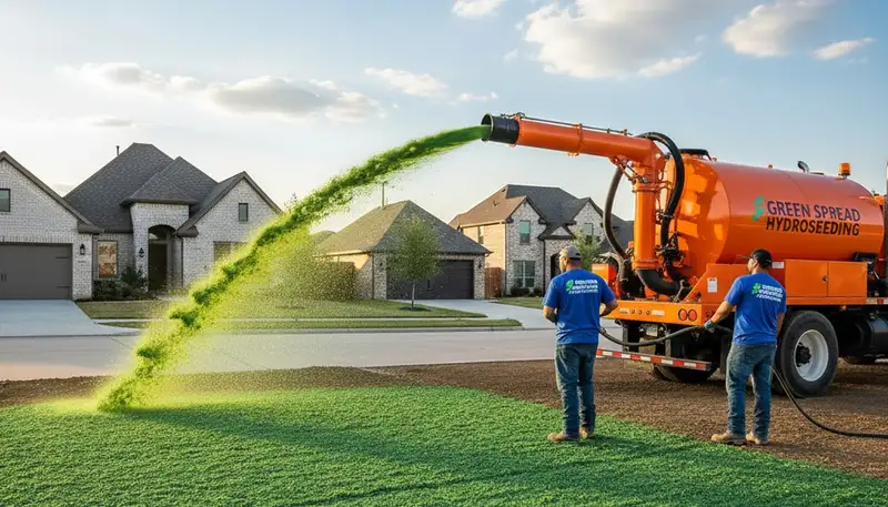 Hydroseeder truck spraying green slurry for new lawn installation in Dallas, TX landscaping project