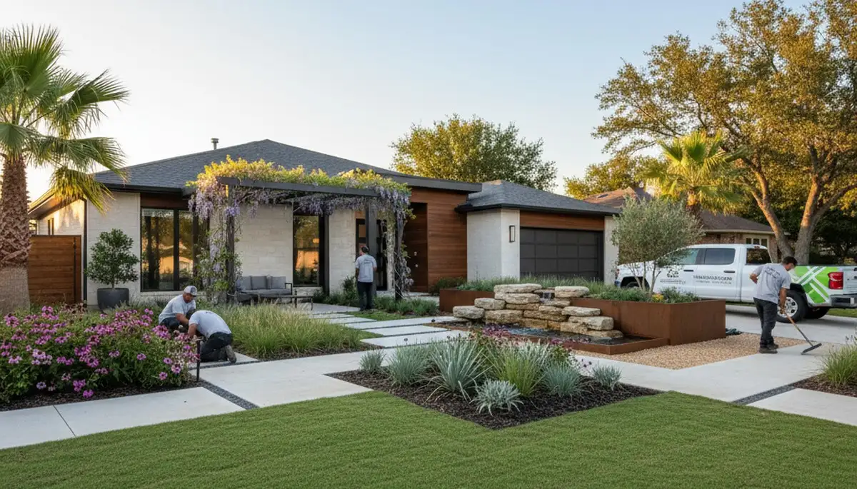 Landscaping crew servicing a Dallas, TX property with professional yard maintenance