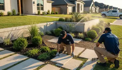 Dallas TX landscaping service crew maintaining a commercial landscape with professional care
