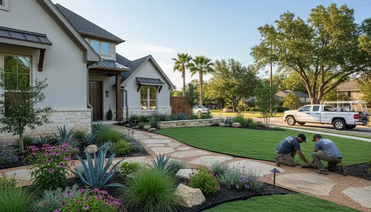 Landscaping crew providing lawn maintenance in Dallas, TX