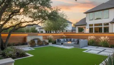 Landscaping crew servicing Dallas, TX residential yard with professional lawn care tools