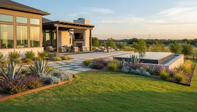 Dallas, TX landscaping service crew maintaining a residential yard with professional lawn care equipment