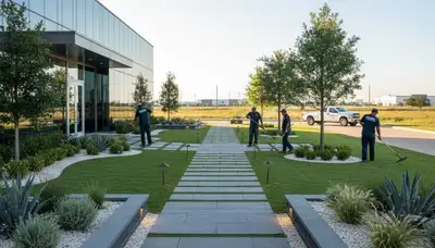 Landscaping crew servicing Dallas, TX residential yard with professional lawn care tools