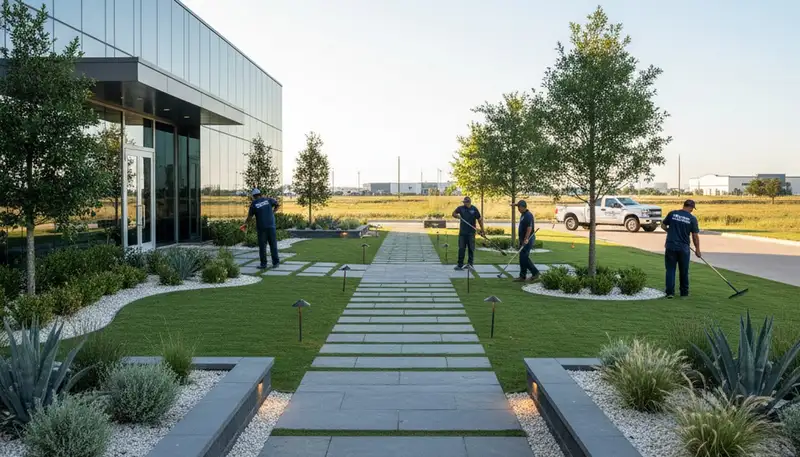 Landscaping crew servicing Dallas, TX residential yard with professional lawn care tools