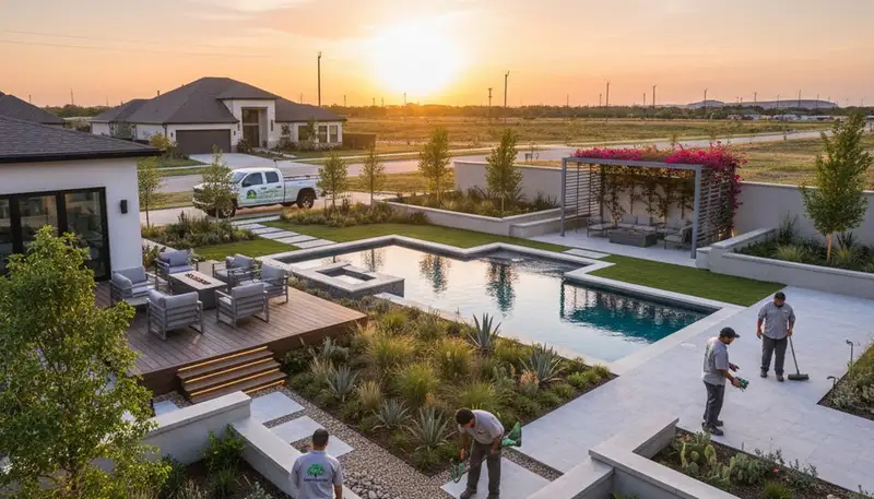Landscaping crew providing lawn care and landscape maintenance in Dallas, TX