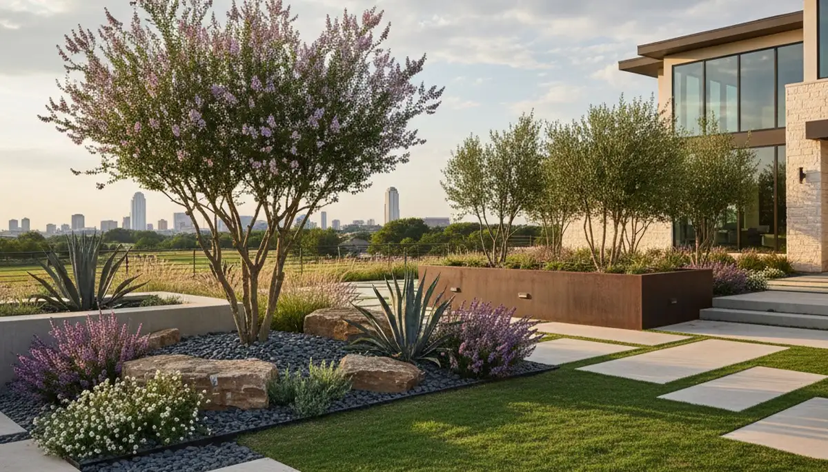 Dallas, TX landscaping service team maintaining a residential yard with professional lawn care equipment