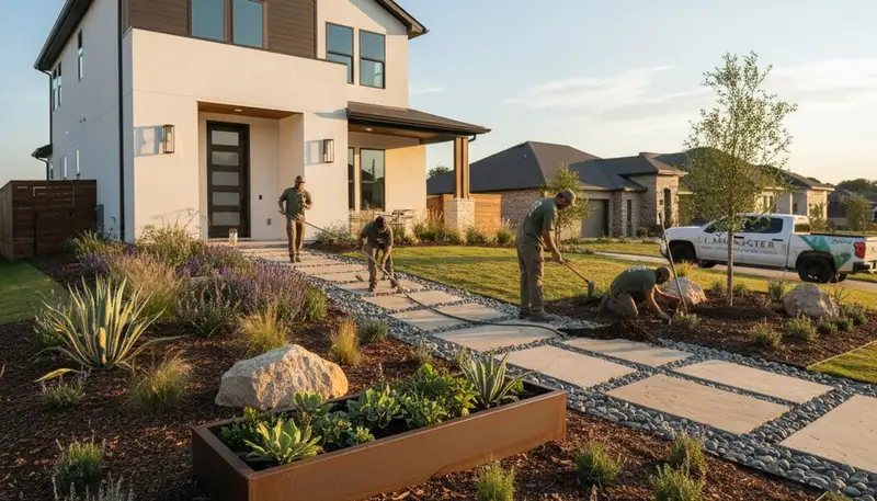 Dallas, TX landscaping crew preparing a residential yard for professional lawn and garden maintenance