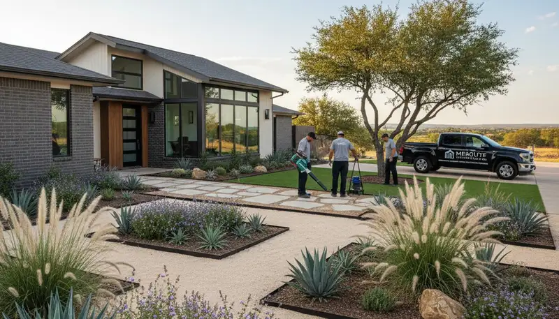 Dallas, TX landscaping service team maintaining a residential yard with professional lawn care equipment