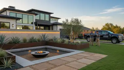 Dallas, TX landscaping service team maintaining a residential yard with professional lawn care equipment