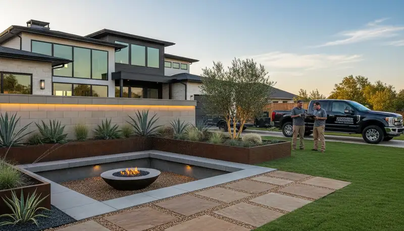Dallas, TX landscaping service team maintaining a residential yard with professional lawn care equipment