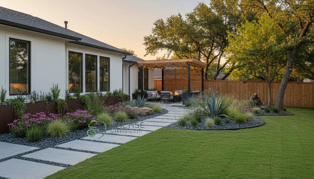 Dallas, TX landscaping service crew maintaining a commercial property with professional lawn care tools