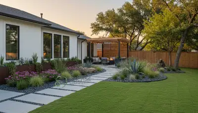 Dallas, TX landscaping service crew maintaining a commercial property with professional lawn care tools