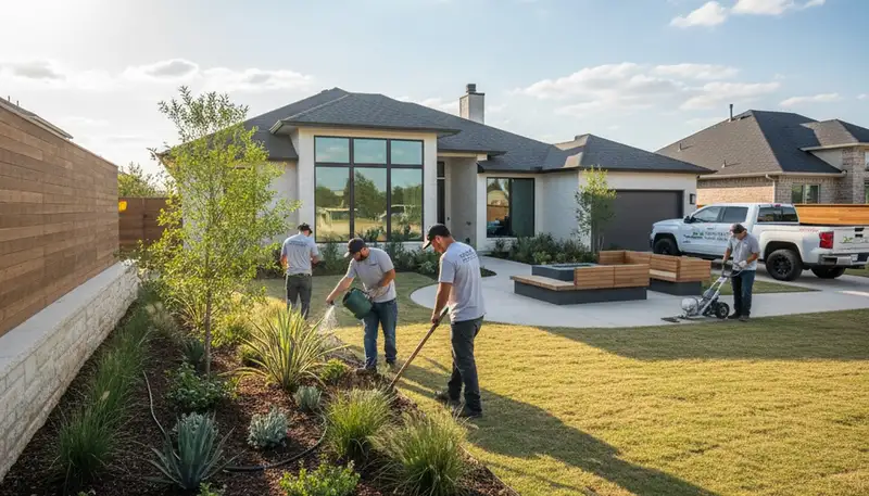 Dallas, TX landscaping service team maintaining a residential yard with professional lawn care equipment