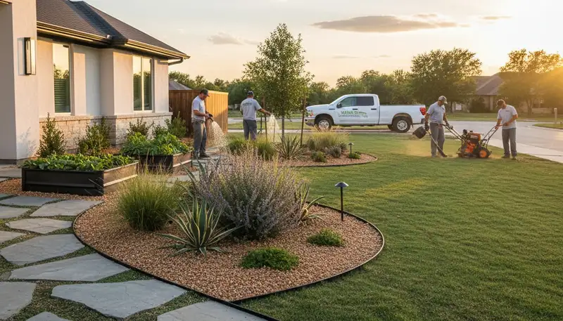 Landscaping crew serving Dallas, TX with professional lawn and garden maintenance