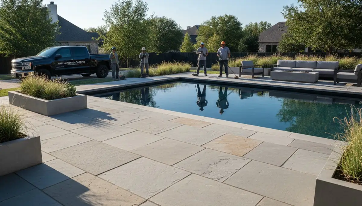 Large format stone slab patio installation by Chop Chop Landscaping in Dallas, TX