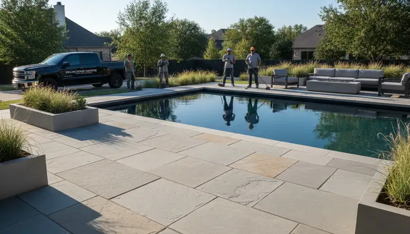 Large format stone slab patio installation by Chop Chop Landscaping in Dallas, TX