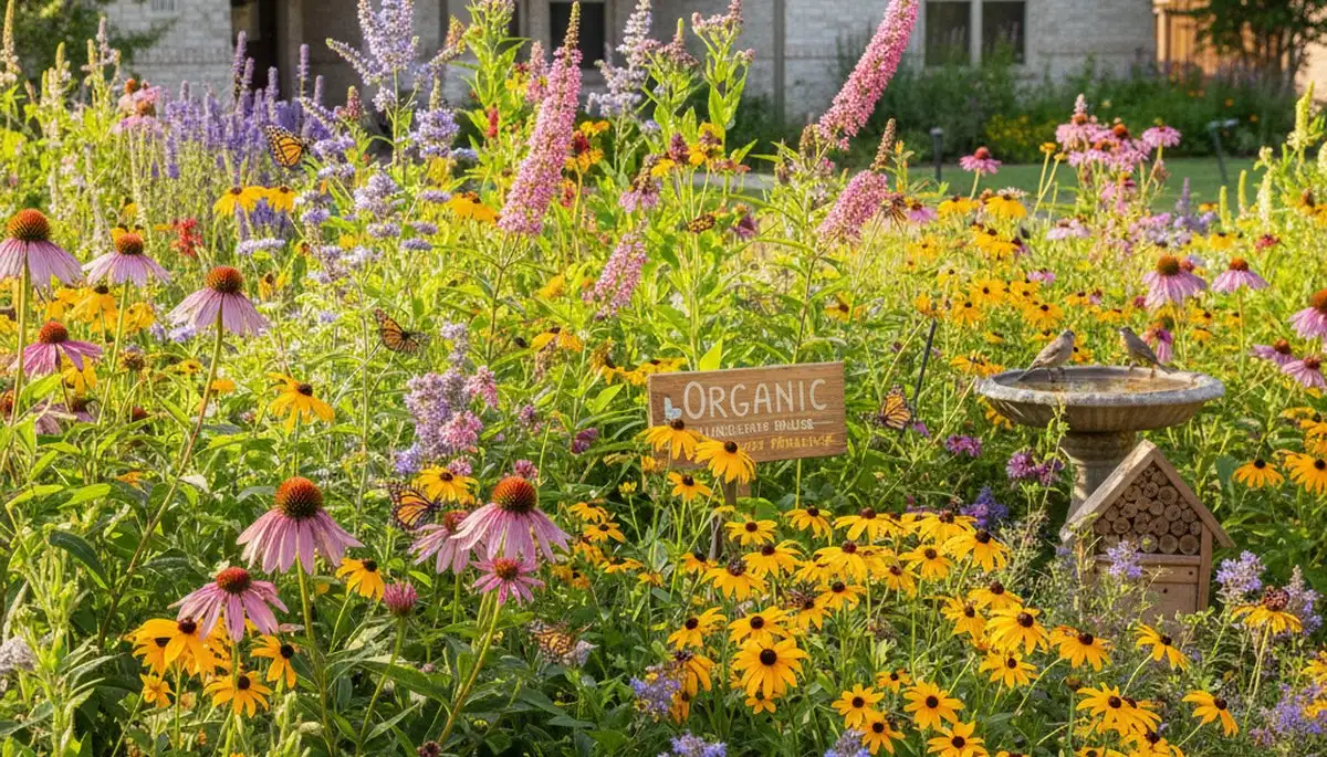 Vibrant native pollinator garden with bee-friendly flowers and butterflies in organic Dallas, TX landscaping