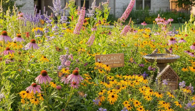 Vibrant native pollinator garden with bee-friendly flowers and butterflies in organic Dallas, TX landscaping