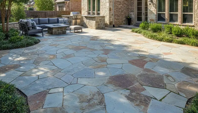 Flagstone patio with natural slate pavers installed by Chop Chop Landscaping in Dallas, TX