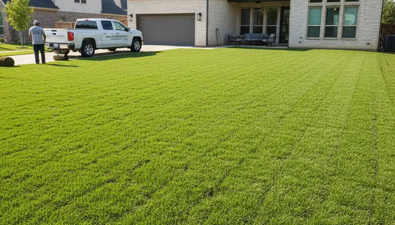 Freshly installed green sod lawn by professional landscapers in Dallas, TX for instant yard transformation