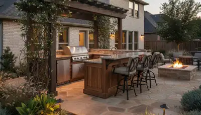 Luxury outdoor kitchen with granite countertops and pergola by Dallas, TX landscaping professionals