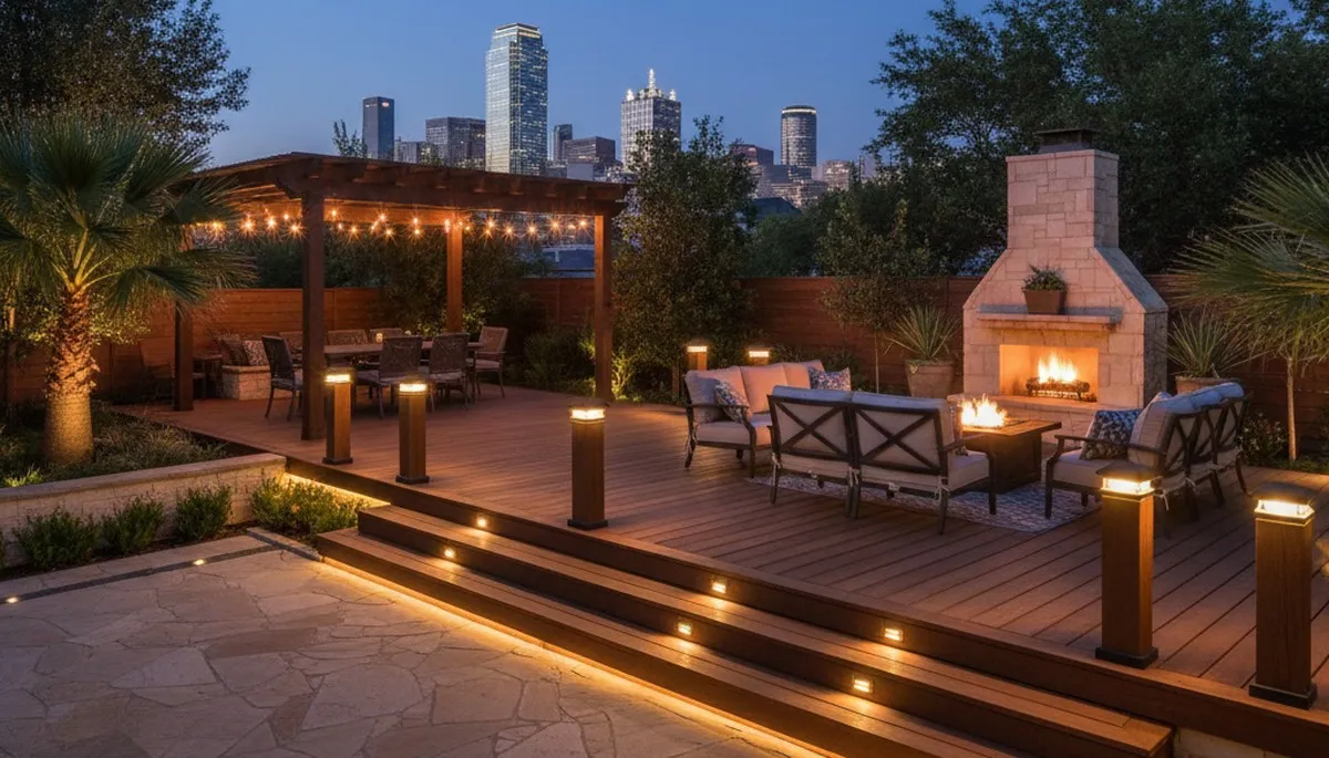 Outdoor living space with deck lighting and step lights by Chop Chop Landscaping in Dallas, TX