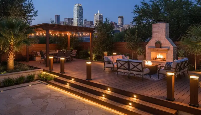 Outdoor living space with deck lighting and step lights by Chop Chop Landscaping in Dallas, TX