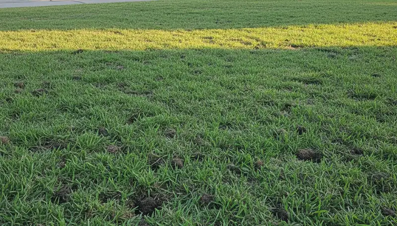 Dallas lawn recovering after professional aeration service showing healthy turf growth and soil improvement