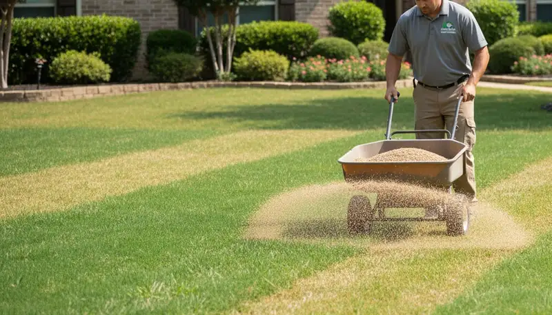 Lawn care technician applying fertilizer with spreader on residential yard in Dallas, TX