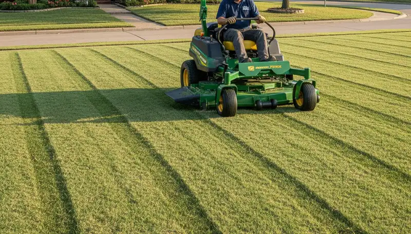Close-up of freshly cut green grass showing precise lawn mowing quality by landscapers in Dallas, TX