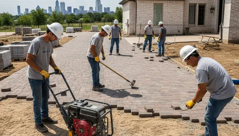 Professional crew installing driveway pavers in Dallas TX with precision landscaping techniques