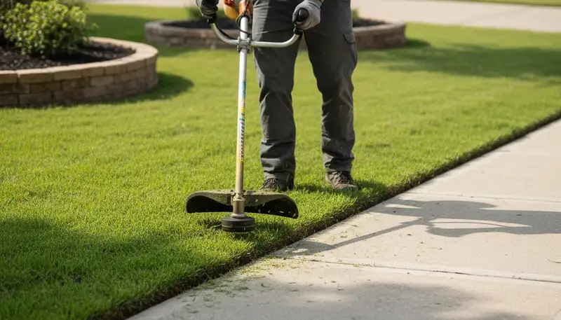 Technician edging lawn with string trimmer for precise borders, Dallas TX landscaping maintenance